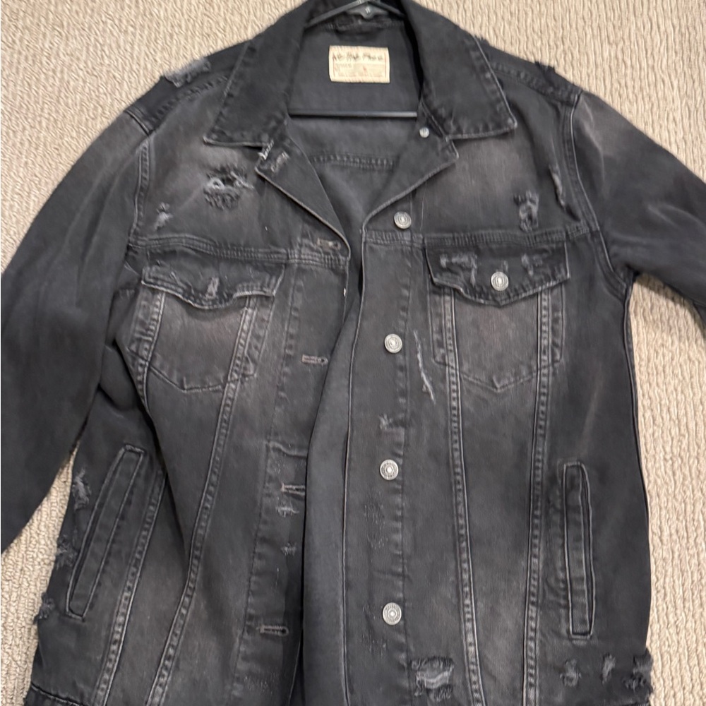 Free People Black Distressed Jean Jacket XS